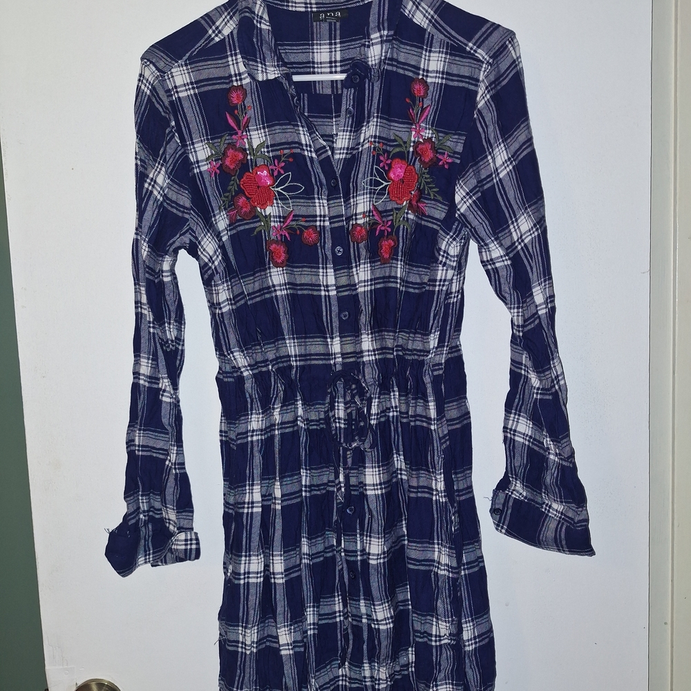 Plaid Womens Dress with Floral Embroidery